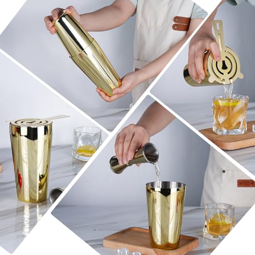 JNWINOG Cocktail Shaker Set 4-Piece Boston Shaker Kit with 20oz/25oz Shaker,Strainerand 0.5/1oz Double JiggerBar Set for H...