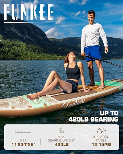 FUNKEE 11’×34"×6" Extra Wide Inflatable Stand Up Paddle Board, Sup Board with Removable Fins, Backpack, Floating Paddle, S...