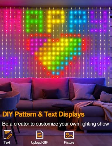 echosari Smart Curtain Lights Plug in, 400 LED Curtain Lights with App Programmable 6.6 x 6.6ft RGB&IC DIY Pattern Music S...