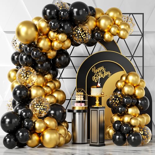 Bezente Black Gold Balloons Garland Kit, 100Pcs Black Gold Metallic Chrome and Gold Confetti Balloons Arch with Tape for N...