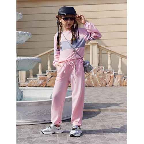 Arshiner Girls' Clothing Sets Sweatsuits Long Sleeve Color Block Pullover Sweatshirts and Lounge Pants with Pocket