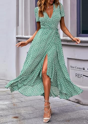 PRETTYGARDEN Women's Boho Floral Maxi Dress Summer Short Sleeve Wrap V Neck Long Flowy Beach Vacation Wedding Guest Dresses