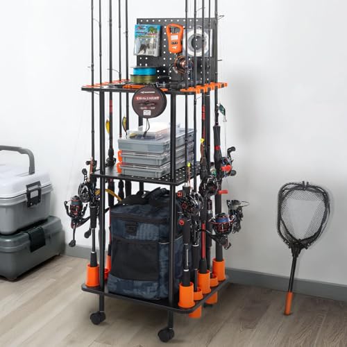 KastKing V10 Gear Trolley, Indoor Fishing Rod Holder for 10 Combos, 3-Tier Fishing Accessory Shelves With Peg Wall, Patent...