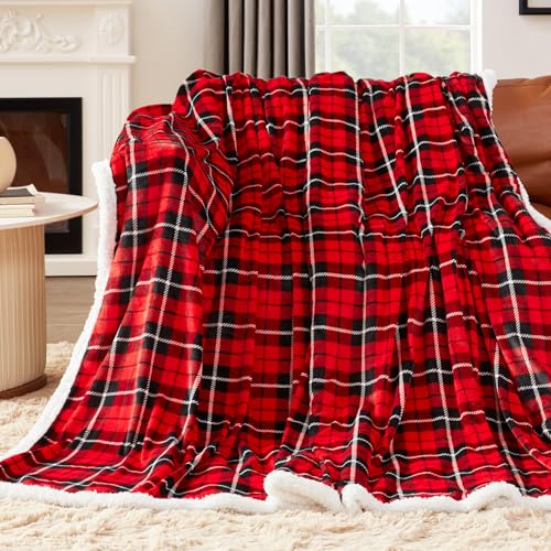 OCTROT Sherpa Fleece Blanket,Checkered Red Throw Blanket for Women Mom Girls Grandma Dad, Soft Winter Warm Plaid Thick Bla...