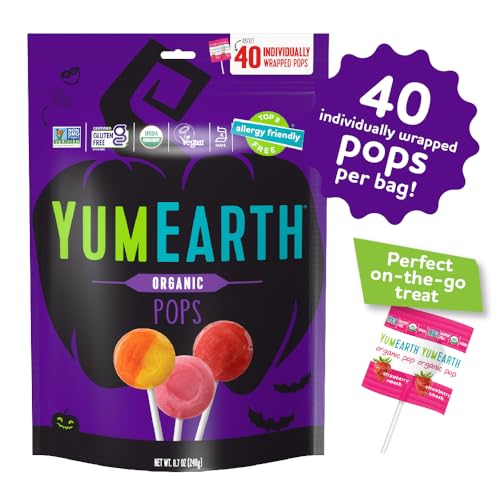 YumEarth Organic Halloween Lollipops - Allergy Friendly (Top 9 Free), No Artificial Dyes or Flavors, Non GMO, Gluten Free, Vegan, Individually Wrapped - Assorted Flavors, 8.7 oz (Pack of 40)