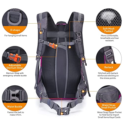 G4Free 35L Hiking Backpack Water Resistant Outdoor Sports Travel Daypack Lightweight with Rain Cover for Women Men(Rose Red)