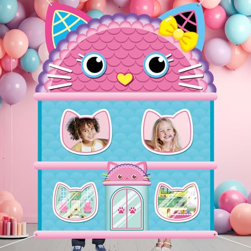 5x4Ft Cartoon Cat House Themed Backdrop Cartoon Doll Theme Birthday Party Decorations Cute Cat Photo Booth Banner Props Ki...