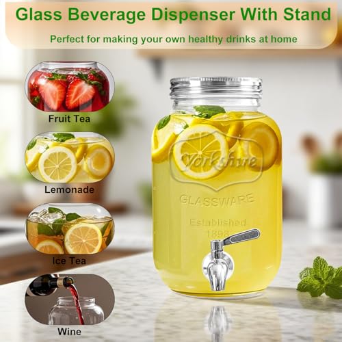 Ltzmcmy 1 Gallon Glass Drink Dispensers for Parties,2 Pack Beverage Dispenser with Stand and Stainless Steel Spigot,Glass ...