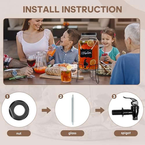 1.5 Gallon Glass Drink Dispensers for Parties, Ice Beverage Dispensers with Stand, Glass Water Dispenser with Spigot, Laun...