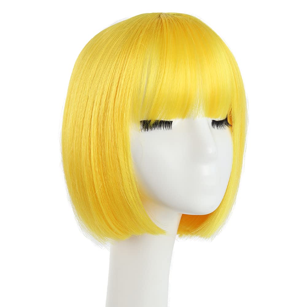 HSPCYGG Short Yellow Bob Wig with Bangs, 10" Synthetic Cosplay Hair for Women and Girls, Model 2002-Yellow