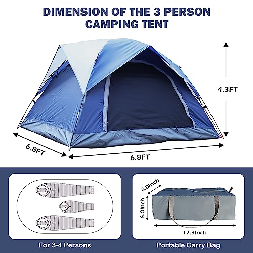 3 Person Tents for Camping, HIKERBRO Small Dome Tent with 2 Upgraded Doors & Half Mesh Ceiling, Waterproof 4 Person Campin...