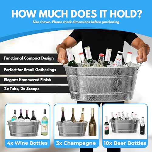 2 Pack Galvanized Tub with Handles - Beverage Tub with 2 Ice Scoops, 3 Gallon Ice Bucket for Parties, Metal Drink Buckets ...