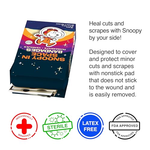 GAMAGO Peanuts Adhesive Bandages - 18 Self-Adhesive Bandages for Kids, Parents & Snoopy Fans, Sterile, Latex-Free, Easily ...