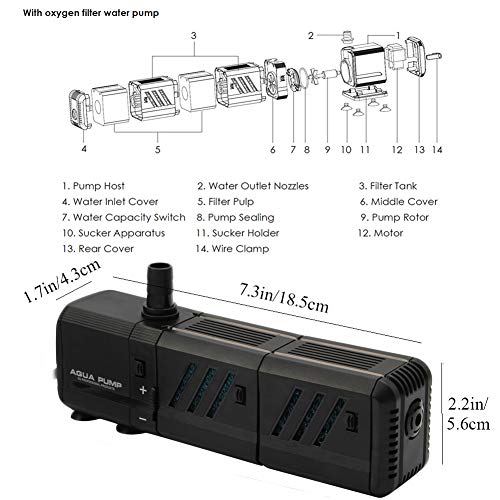 MQ 210GPH Submersible Water Pump (800L/H, 8W) with Filters and Water Nozzles, Ultra Quiet for Aquarium, Fish Tank, Pond, F...
