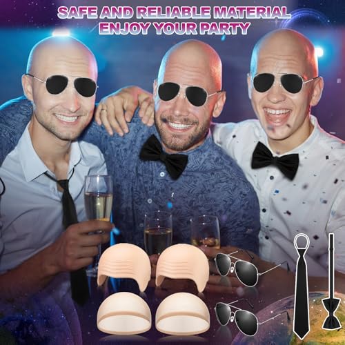 Mepase 8 Pcs Halloween Latex Bald Caps with Head Wig Caps Sunglasses Tie and Bow Tie for Adults Men Halloween Party Cospla...