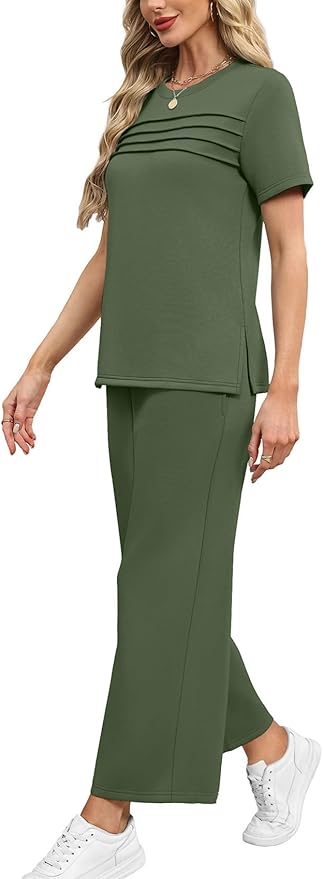 WIHOLL Two Piece Sets for Women Summer Travel Vacation Outfits Short Sleeve Lounge Sets Side Slit Wide Leg Pants S-3XL