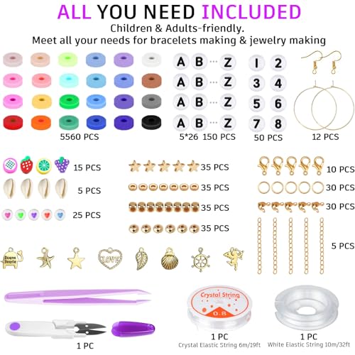 Gionlion 6000 Clay Beads Bracelet Making Kit, 24 Colors Flat Preppy Beads for Friendship Bracelets, Polymer Clay Bead with...