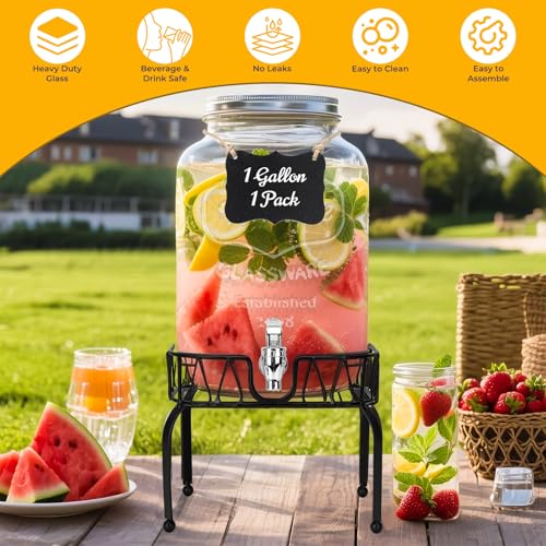 Glass Beverage Dispenser with Stand and Lid, One Pack-2 Gallon with Spigot - Glass Drink Dispensers for Parties, Wedding, ...