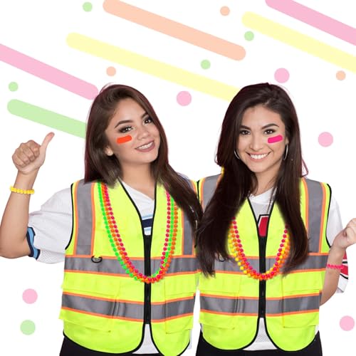 Kuscul 6Pcs Neon Costume Outfit Including Neon Reflective Vest Sunglasses Beaded Bracelet Socks for Women for Glow Party 7...