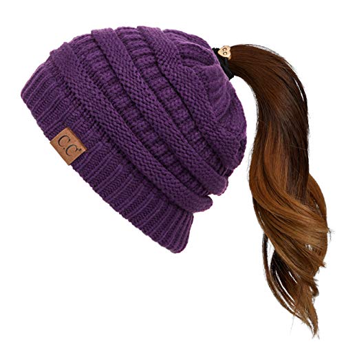 C.C Exclusives Soft Stretch Cable Knit Messy Bun Ponytail Beanie Winter Hat for Women (MB-20A)