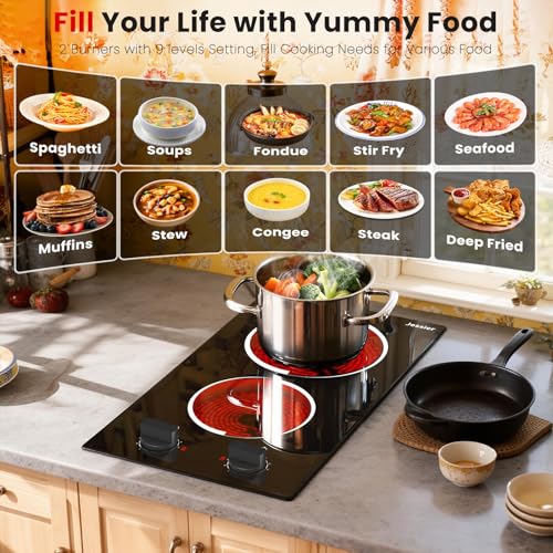 Jessier 2 Burner Electric Cooktop - 12 Inch Plug in Portable 110V Electric Cook Top Two Burner, Built-in & Countertop Cera...