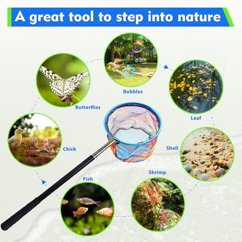 2PCS Kids Fishing Nets with Bucket - Telescoping Handle Retractable Landing Net Lightweight Aluminum Pole for Catch and Re...