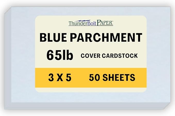 50 Blue Parchment 65lb Cover Weight Paper - 3" X 5" (3X5 Inches) Photo|Card|Frame Size - Printable Cardstock Colored Sheets Old Parchment Semblance