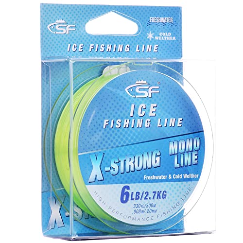 SF X-Strong Monofilament Ice Fishing Line with Spool Mono Line 3/4/6/8LB 330YD/300M Clear/Fluor Green Fishing Wire Freshwater