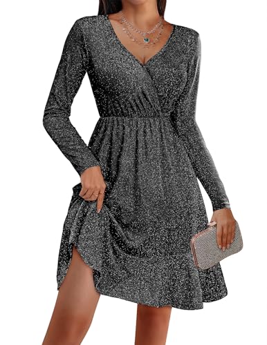Zeagoo Womens Glitter Dress Wrap V Neck Long Sleeve Swing Club Cocktail Party Dresses Sequin Sparkle Dress Christmas Dress