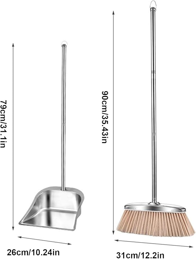 Floor Cleaning Set – Stainless Steel Broom and Long Handle Dustpan, Upright Sweeping Tool, Durable Cleaning Kit | Home, Apartment, Living Room, Bedroom, Office, Garage, Bathroom, Patio, Restaurant