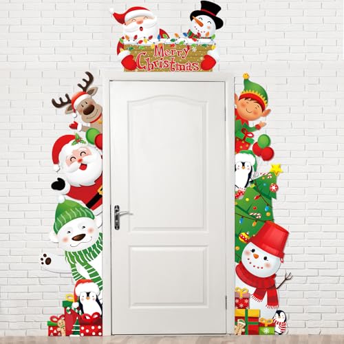 Tiamon 3 Pcs Christmas Door Decorations Banner Merry Christmas Porch Banner Snowman Santa Backdrop Xmas Party Hanging Phot...