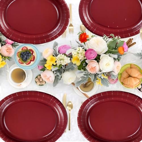 50Pcs Burgundy Oval Paper Plates 10" x 12" Heavy Duty Maroon Wine Dark Red Party Disposable Plates Valentines Day Dessert ...