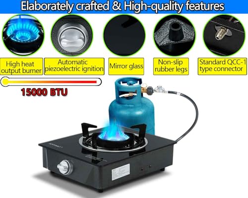 Horynar Propane Burner, Single Burner Propane Stove 15,000 BTU, Gas Stove Auto Ignition, Thickened High-temperature Glass,...