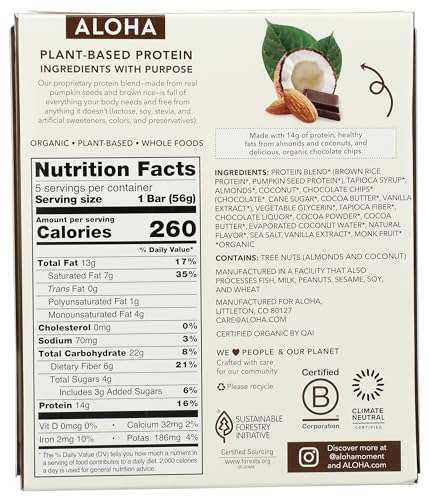 Aloha Organic Coconut Chocolate Almond Protein Bar 5 Count, 1.98 OZ