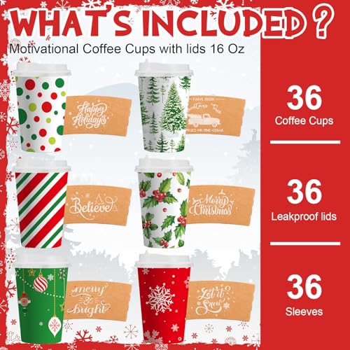 36 Sets/ 108 Pcs Christmas Paper Cups 16 oz Disposable Xmas to Go Coffee Drinking Cups with Lids and Sleeves Xmas Hot Coco...