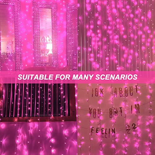 amadecohome Curtain Lights, Pink Room Decor 8 Modes LED String Lights for Garden, Teen Girls' Room, Party, Window, Wall an...