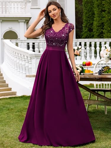 Miusol Women's Elegant V-Neck Cap Sleeve Sequined Floral Lace Formal Party Maxi Dress