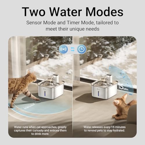 DownyPaws Cat Water Fountain Stainless Steel Wireless, 101 oz/3L FurSink Cordless Water Fountain for Cats, Battery Operate...