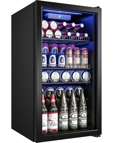 Manastin Beverage Refrigerator Cooler-120 Cans Freestanding Mini Fridge Cooler with Glass Door, Adjustable Shelves & Digit...