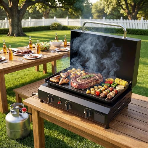 ADREAK 25.6'' Gas Griddle Flat Top Grill with Lid, 3-Burner Tabletop Portable Propane Griddle for Outdoor Cooking, BBQ, Ca...