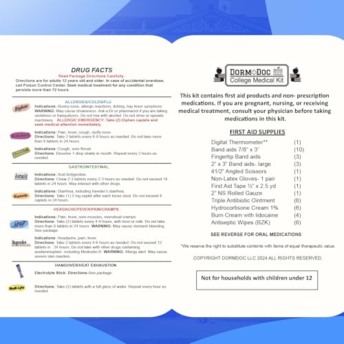 DormDoc College First Aid Kit – Compact Emergency Medical Kit for Dorm Rooms, School, Sports – with Bandages, OTC Medicine...