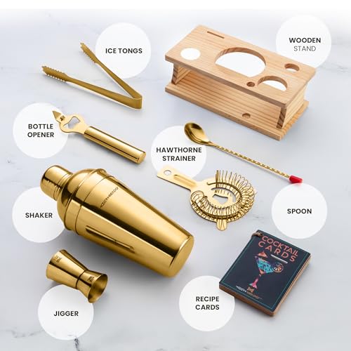 Modern Mixology Cocktail Shaker Set - 8 Piece Bartender Kit on Quality Pine Stand | Complete Cocktail Kit Gift Set | Top B...