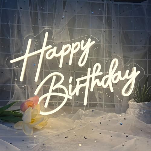 Happy Birthday Neon Sign for Wall Decor, 17×12 Inch Warm White LED Neon Light Signs, Art Decoration Happy Birthday Neon Li...
