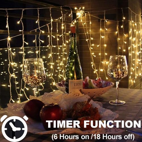 DealBeta Battery Operated Curtain Lights,9.8ft×9.8ft 300 LED Curtain Lights with Remote Timer 8 Modes, Waterproof Hanging ...