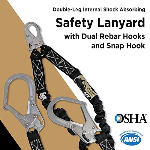 AFP 6FT Double Leg Internal Shock Absorbing Safety Fall Protection Lanyard with Dual Pelican Rebar & Snap Hook | Heavy-Dut...