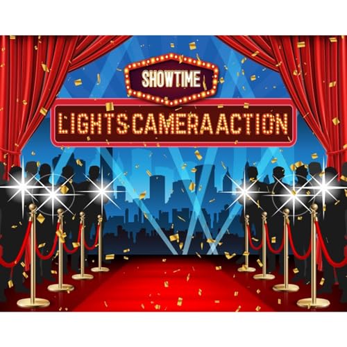 Lights Camera Action Backdrop 10x8ft Movie Night Theme Red Carpet Awards Ceremony Decorations Photography Background Dres...