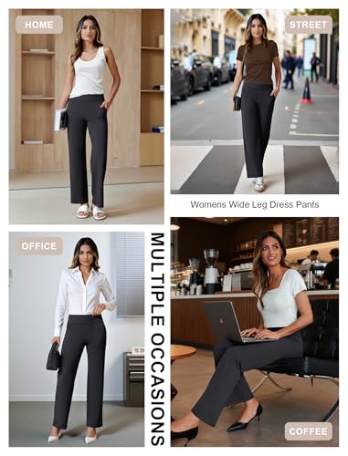 FireSwan Womens Dress Pants Stretchy Wide Leg Work Pants Business Casual Trousers Pull On Office Slacks with 4 Pockets