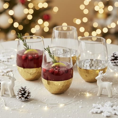 MyGift Modern Stemless Champagne Flute Glass Set of 4 Party Drinkware, Cocktails Prosecco Mimosa Glasses with Hammered Bra...