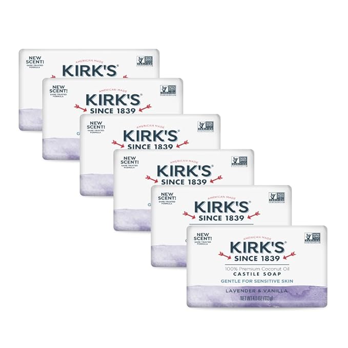 Kirk's Castile Bar Soap for Men, Women & Children - Made with Premium Coconut Oil, Sensitive Skin Formula, Vegan, Non GMO, Lavender & Vanilla, 4 oz. Bars 6 Pack