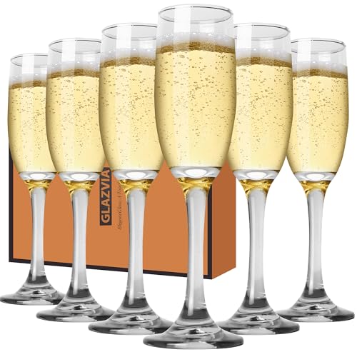 GLAZVIA Champagne Flutes Glasses Set of 6-6oz Elegant Crystal Glass, Classic Long Stem Clear Champagne Flute Gift for Wedd...